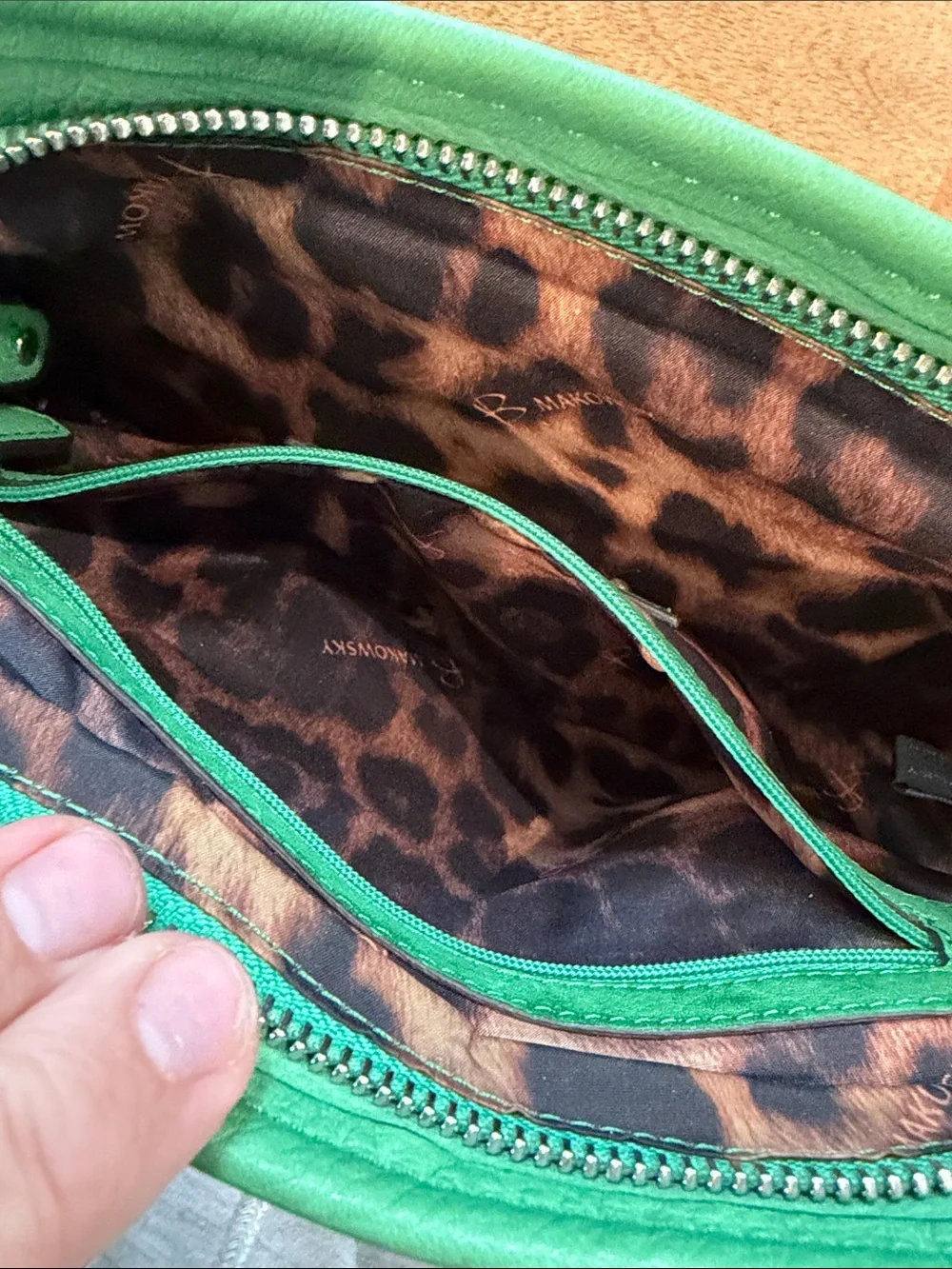 b. makowsky Green Leather Crossbody Bag with Silver Studs